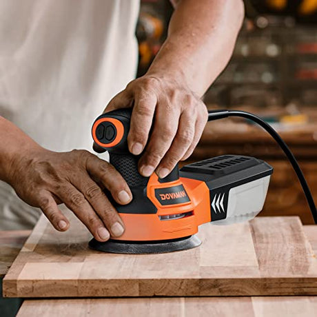 DOVAMAN ROS01A Orbital Sander, 3A Random Orbit Sander, 6 Variable Speeds, Up to 13000 rpm, 12pcs Sandpapers, 5in Sanding Pad, Dust Collection, DOVAMAN