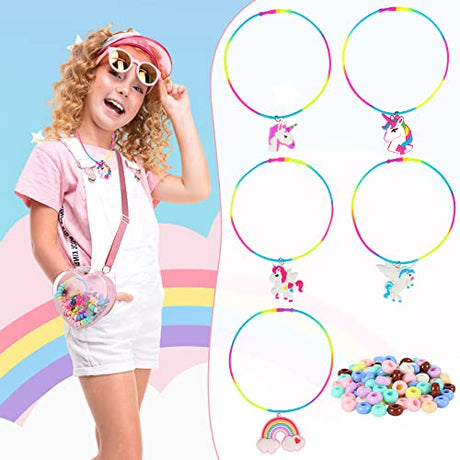 FLYINGSEEDS Unicorn Jewelry Making Kit, 5 Rubber Necklaces and Charms with 100 Big Holes Beads Toy Set, Beading Arts and Crafts, Ideal Gifts for FLYINGSEEDS
