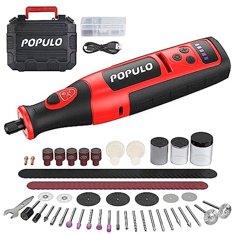 POPULO 8V Rechargeable Cordless Rotary Tool 2.0Ah Battery with 124 Pieces Accessories, 4 Position LED Lights, 5 Speed Adjustment, Used for nail tool populo