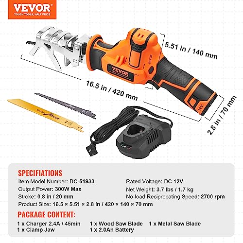 VEVOR Cordless Reciprocating Saw, 0-2700RPM Variable Speed, 0.8" Stroke Fast Cutting, 12V 45 Mins Fast Wireless Charging, Battery Powered with Branch VEVOR
