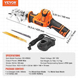 VEVOR Cordless Reciprocating Saw, 0-2700RPM Variable Speed, 0.8" Stroke Fast Cutting, 12V 45 Mins Fast Wireless Charging, Battery Powered with Branch VEVOR
