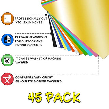CAREGY HTV Vinyl Bundle Heat Transfer Vinyl 12"x10" - 45 Pack Includes 30 Pack Assorted Colors Sheets and 2 Sheets Teflon, Iron On Vinyl for DIY CAREGY