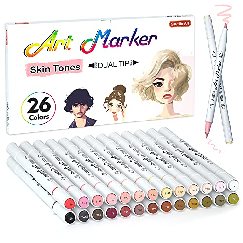 Shuttle Art 26 Colors Skin Tone&Hair Art Markers, Dual Tip Alcohol Based Flesh-Color Marker Pen Set Contains 1 Blender Perfect for Kids & Adults