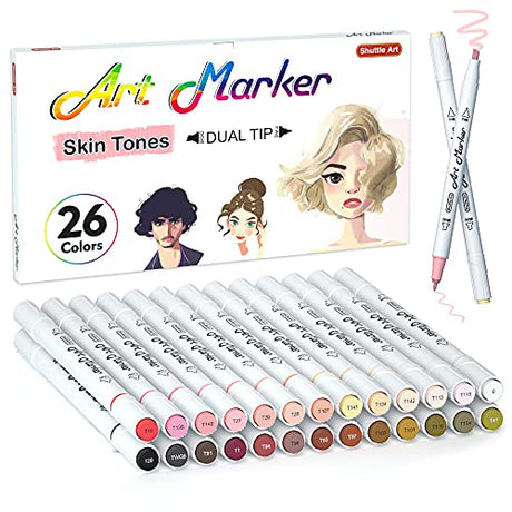 Shuttle Art 26 Colors Skin Tone&Hair Art Markers, Dual Tip Alcohol Based Flesh-Color Marker Pen Set Contains 1 Blender Perfect for Kids & Adults Shuttle Art