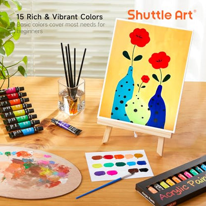 Shuttle Art 69 Pack Acrylic Paint Set, Acrylic Painting Set with 2 Pack of 15 Colors Acrylic Paint, 3 Sets of Wooden Easels, Canvas, Brushes &