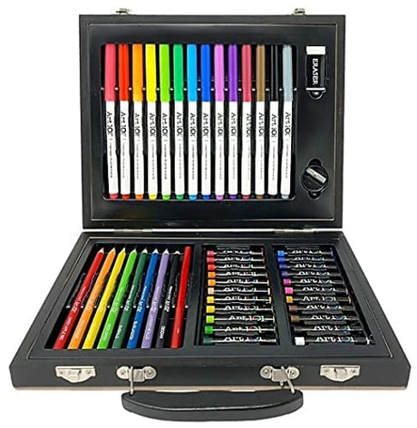58-Piece Art Set, Pencils, Oil Pastels, Drawing Papers/Coloring Sheets, Markers, Assorted Colors with Colorable Wood Case Art 101 USA