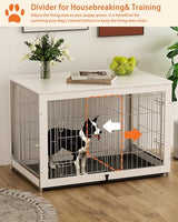 Piskyet Wooden Dog Crate Furniture with Divider Panel, Dog Crate End Table with Fixable Slide Tray, Double Doors Dog Kennel Indoor for Large Piskyet
