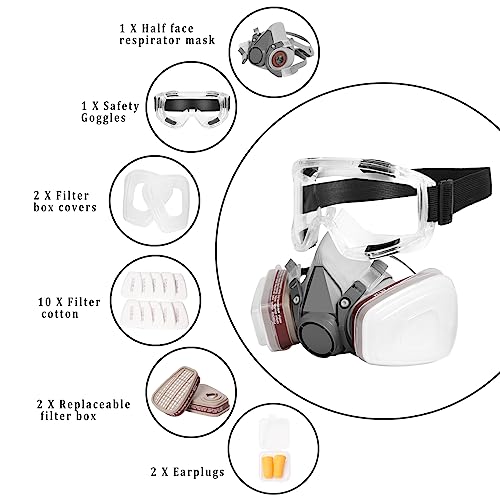 Respirator Mask, Half Face Cover Gas Mask with Safety Glasses Reusable Professional Breathing Protection, for Painting, Organic Vapor, Welding, RZHSMDM