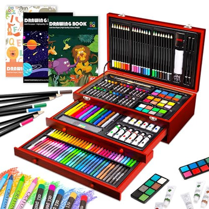 Art Supplies, 186 Piece Deluxe Wooden Art Set, Professional Art Kit with 3 Sketch Books, Crayons, Oil Pastels, Colored Pencils, Watercolor Paints,
