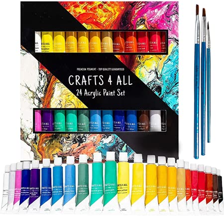Acrylic Paint Set for Adults and Kids - 24 Pack of 12mL Paints with 3 Art Brushes, Non-Toxic Craft Paint, Halloween Pumpkin Painting Kit - Canvas,