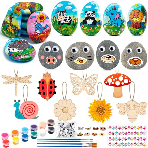 WhistenFla Premium Rock Painting Kit, DIY Arts and Crafts Supplies Kits for 10 Paint Rocks and 8 Wood, Creative Outdoors Activity Kit, Craft Kits Art