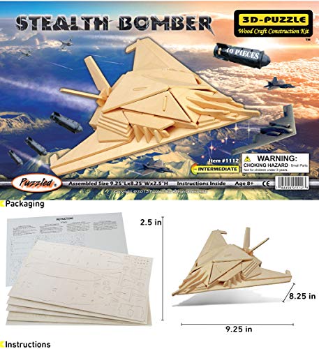 Puzzled 3D Puzzle Stealth Bomber Wood Craft Construction Model Kit, Fun & Educational DIY Wooden Toy Assemble Model Unfinished Crafting, Hobby Puzzle Puzzled