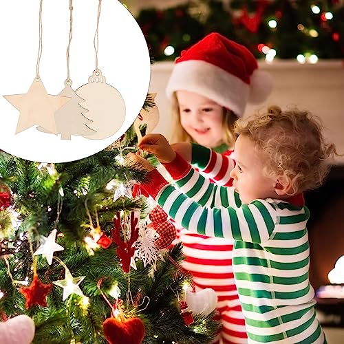 ABOOFAN Wooden Christmas Ornaments 30pcs Unfinished Wood Slices Blank Round Wood Discs Slices Xmas Tree Star Cutouts with Holes Xmas Hanging ABOOFAN