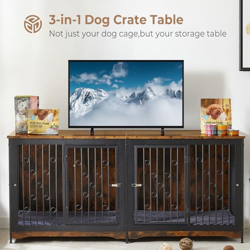 Lyromix 70.86'' Dog Crate Furniture Large Breed TV Stand with Cushion & Double Rooms,Wooden Dog Kennel Dog Crate End Table with Removable Divider for Lyromix