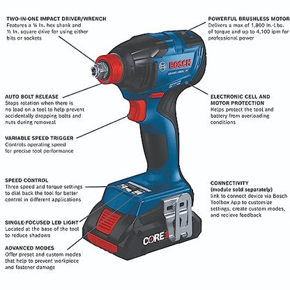 BOSCH GXL18V-260B26 18V 2-Tool Combo Kit with 1/2 In. Hammer Drill/Driver, 1/4 In. and 1/2 In. Two-In-One Bit/Socket Impact Driver, (1) CORE18V 8 Ah - WoodArtSupply