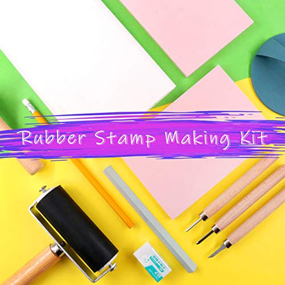 Swpeet 41Pcs Rubber Stamp Making Kit, Rubber Stamp Carving Blocks, 1 Whetstone, Craft Knife, Ink Roller, Plastic Stamp, Wooden Stamp and Rice Paper