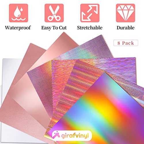 GIRAFVINYL Holographic Vinyl Rose Gold Permanent Vinyl for Cricut - 12" x 12" 6 Sheets Self-Adhesive Vinyl for DIY Decor, Signs, Parties, Gifts & GIRAFVINYL