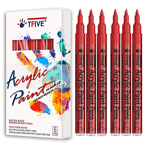 Red Marker Paint Pens - 6 Pack Acrylic Red Permanent Marker, 0.7mm Extra Fine Tip Paint Pen for Art projects, Drawing, Rock Painting, Stone, Ceramic, TFIVE