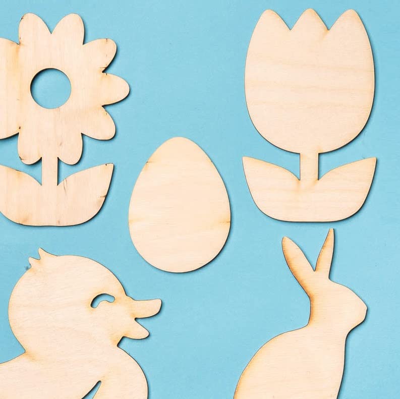Pack of 15 Unfinished Wood Assorted Springtime Cutouts by Factory Direct Craft - Bunnies, Ducks, Eggs and Flowers Wooden DIY Shapes for Scouts, Factory Direct Craft