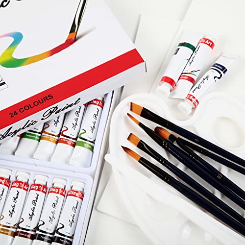 Falling in Art 34 Pieces Acrylic Paint Set - Canvas Painting Kit with 26 Acrylic Paints, Nylon Brushes, Plastic Palette, Mixing Knife for Kids,