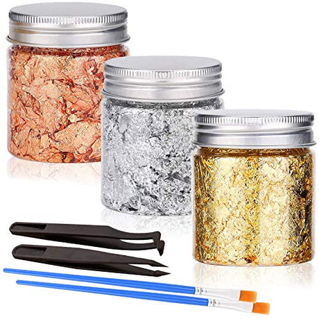 Gold Foil Flakes with Tweezers and Brush, 3 Bottles Imitation Gold Foil Flakes Metallic Leaf for Nail Art, Painting, Crafts and Resin Jewelry MEGANEOPRE
