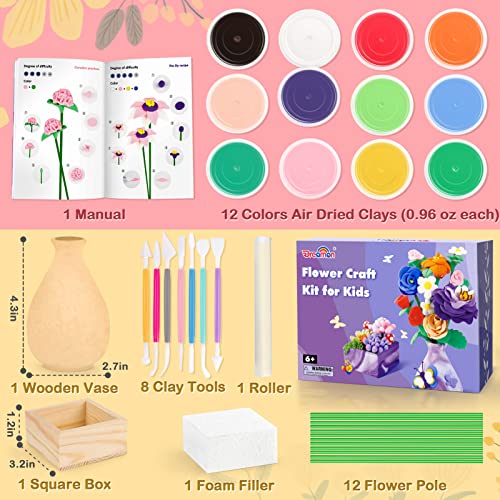 Dreamon Flower Craft Clay for Kids, DIY Your Own Flower Bouquet and Vase with 12 Color Air Dry Clay, Creative Arts and Crafts Project Gifts for Kids - WoodArtSupply