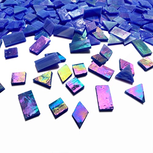 KALUCION Magic Iridescent Blue Stained Glass Mosaic Tiles, 280 Pieces Mixed 4 Shapes Tiffany Stained Glass Kit Mosaic Glass Pieces for Crafts KALUCION