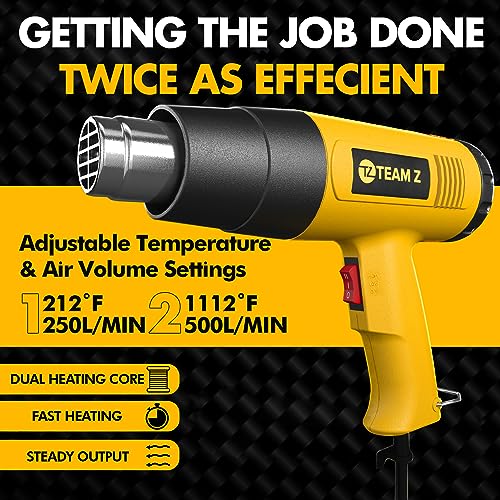 Team Z 1800W Heat Gun Kit 212°F to 1112°F(Only °F)- Fast Heating Heavy Duty Hot Air Gun, LCD Display, Overload Protection with 4 Nozzles for Shrink TEAM Z