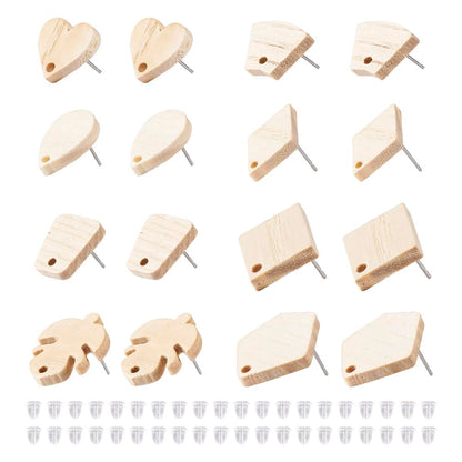 Fashewelry 32pcs Wood Stud Earring Findings White Ash Wood Earring Blanks with Loop Heart Teardrop Leaf Rectangle Trapezoid Pentagon Shape for Dangle - WoodArtSupply