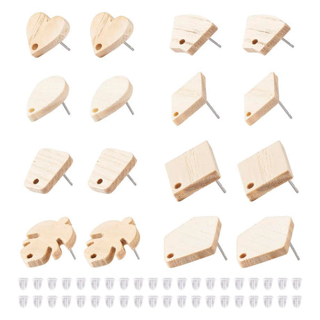 Fashewelry 32pcs Wood Stud Earring Findings White Ash Wood Earring Blanks with Loop Heart Teardrop Leaf Rectangle Trapezoid Pentagon Shape for Dangle FASHEWELRY