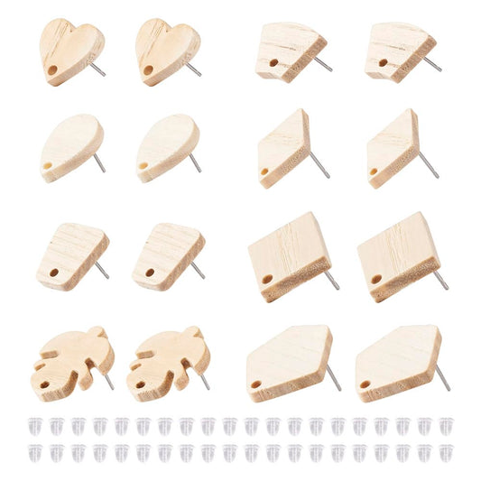 Fashewelry 32pcs Wood Stud Earring Findings White Ash Wood Earring Blanks with Loop Heart Teardrop Leaf Rectangle Trapezoid Pentagon Shape for Dangle - WoodArtSupply