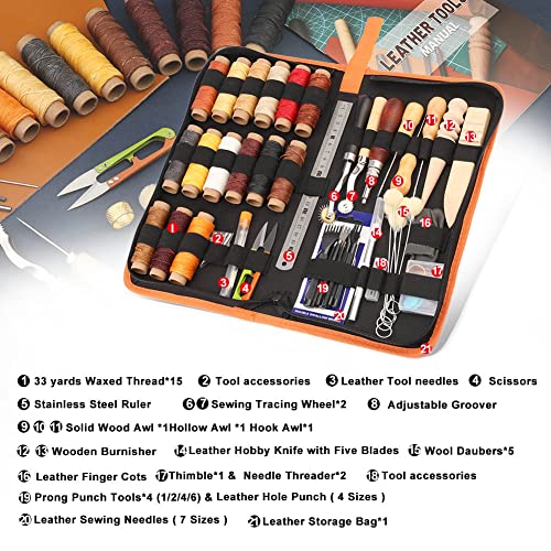 BUTUZE Leather Working Tools, Leather Tool Kit, Practical Leather Craft Kit with Waxed Thread Groover Awl Stitching Punch Hole for Leathercraft BUTUZE