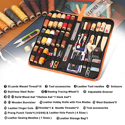 BUTUZE Leather Working Tools, Leather Tool Kit, Practical Leather Craft Kit with Waxed Thread Groover Awl Stitching Punch Hole for Leathercraft - WoodArtSupply