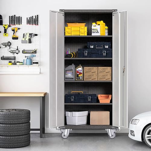 Waqiv 71" Metal Storage Cabinet with Wheels,Garage Storage Cabinet with Locking Doors and 4 Shelves,Lockable Rolling Tool Cabinet for Home Waqiv