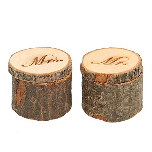 Set of 2 Wooden Printed Wedding Ring Box - Rustic Ring Bearer Box for Valentines Day Anniversary Engagement Wedding Gift Jewelry Box (Mr and Mrs)