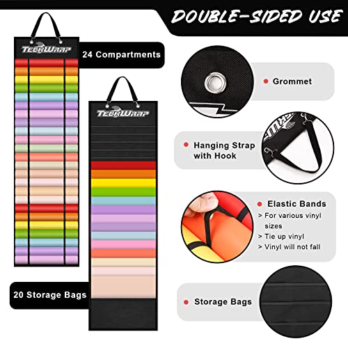 TECKWRAP Vinyl Roll Holder, Black, Wall-Mounted, 47 Compartments, Craft Vinyl Storage Organizer, Hanging Bags, 20 Pack TECKWRAP