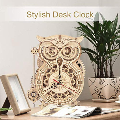 3D Wooden Puzzles ROKR Owl Clock - Mechanical Model Building Kit for Adults 161PCS Clock Puzzles Creative Gift Home Decor for Family - WoodArtSupply