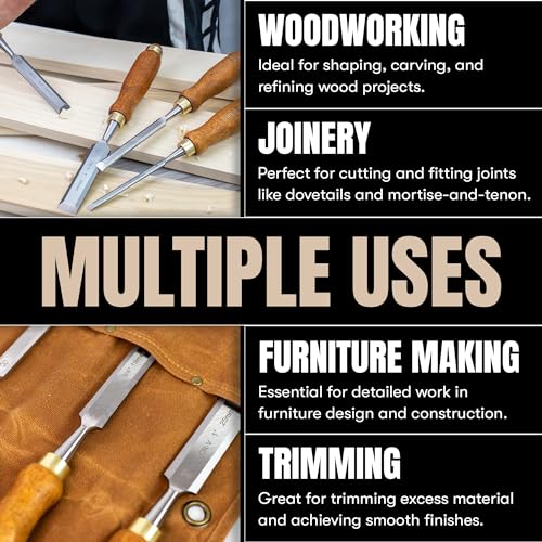 Mt Diablo Wood Chisel Set - 4pc with waxed canvas tool roll. This set of woodoworking tools comes in 4 sizes and comes with a hand tool bag. Mt Diablo