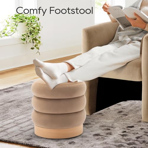 COLAMY Velvet Ottoman Footstool, Tufted Modern Foot Rest Stool with Wood Base for Living Room, Bedroom, Desk, Round Versatile Side End Table, Pouf, - WoodArtSupply