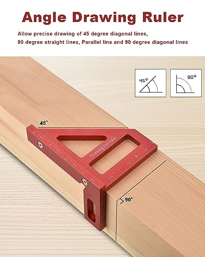 BOXmime Imperial 3D Multi-Angle Measuring Ruler,45/90 Degree Aluminum Alloy Woodworking Square Protractor, Miter Triangle Ruler High Precision Layout BOXmime