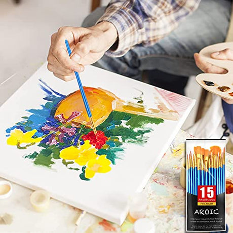 AROIC Acrylic Paint Brush Set, 15 pcs Nylon Hair Paint Brushes for All Purpose Oil Watercolor Face Body Rock Painting Artist, Small Paint Brush Kits AROIC