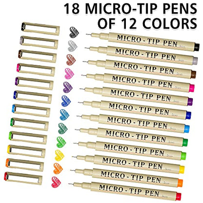 Shuttle Art 18 Pack Micro-line Pens, Waterproof Archival Ink, 11 Colors in 0.3MM Felt Tip & 7 Blacks in Sizes 0.15MM to 0.5MM Multiliner For - WoodArtSupply