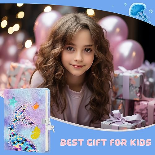 homicozy Mermaid Diary for Girls with Lock and Keys,Tie-Dye Fuzzy Journal for Kids with 160 Lined Pages,Fluffy Secret Notebook for Writing and homicozy
