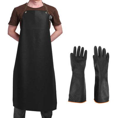 Heavy Duty PU Apron & Latex Gloves, DaKuan Waterproof Resist Strong Acid, Alkali and Oil Apron & Gloves Best for Staying Dry When Dishwashing, Lab