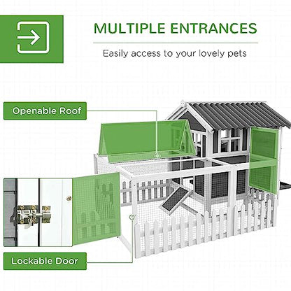 PawHut Wooden Chicken Coop with Run for 3-4 Chickens, Hen House with Nesting Box, Removable Tray, Fence, Outdoor Poultry Cage, 68" x 59" x 42", Gray - WoodArtSupply