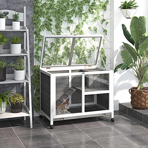 PawHut Indoor Rabbit Hutch with Wheels, Desk and Side Table Sized, Wood Rabbit Cage, Waterproof Small Rabbit Cage, Gray PawHut
