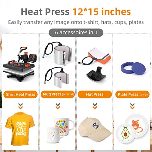 Heat Press Machine 12x15 inch 360° Swing Digital T Shirt Pressing Machine 6 in 1 Multifunction Heat Transfer Sublimation Combo for T Shirts Mugs Hat - WoodArtSupply