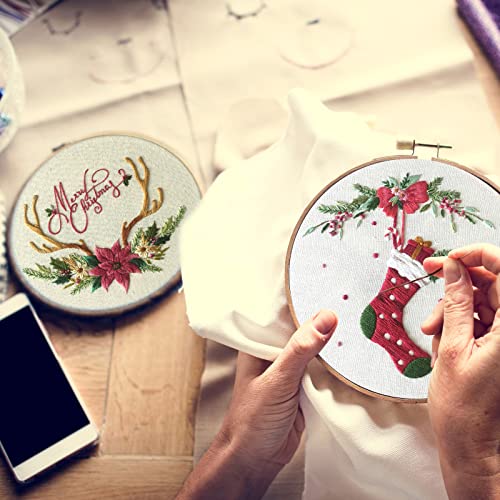 Canlierr 6 Sets Christmas Embroidery Kit with Pattern and Instructions Embroidery Starter Kit Embroidery Pattern Hoop Colored Threads Needlepoint Kit - WoodArtSupply