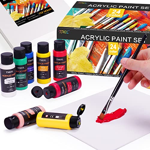 Acrylic Paint Set with 12 Art Brushes, 24 Colors (2 oz/Bottle) Acrylic Paint for Painting Canvas, Wood, Ceramic and Fabric, Paint Set for Beginners, TMOL