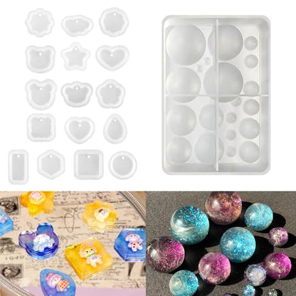 RESINWORLD 20-Cavity Sphere Molds for Resin + 16pcs Variety Geometric Pendant Silicone Molds with Hanging Hole